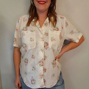 Vintage Cotton White & Pink Floral Button Up